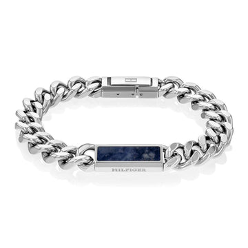 Ανδρικό βραχιόλι ατσάλινο Tommy Hilfiger 2790538 σε ασημί χρώμα και ασημί αγκράφα και μπλε πέτρα με μήκος 19cm.